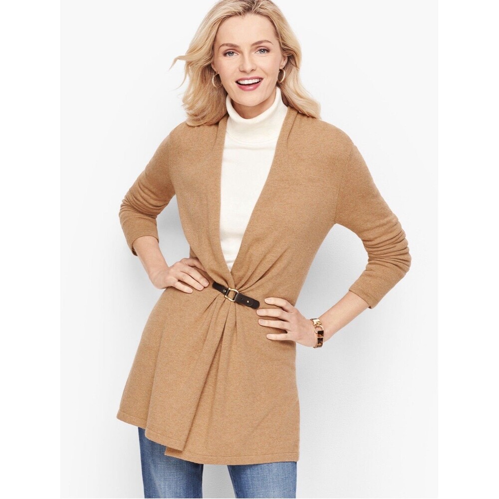 Talbots Camel Wool Cashmere Blend Flyaway Cardigan Sweater M Leather Buckle